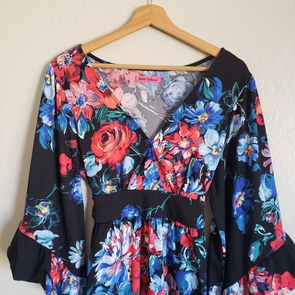 Betsey Johnson Dark Floral Bell Sleeve V-Neck Blouse Black L/XL Tie Waist Kimono - Picture 4 of 12